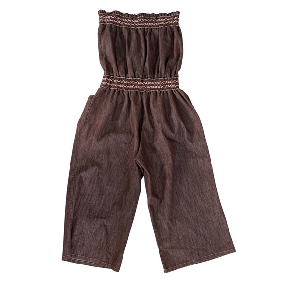 Y2K Strapless Denim Jumpsuit Smocked Wide Leg Boho Capri L Cowgirl Brown Hippie - Picture 12 of 14
